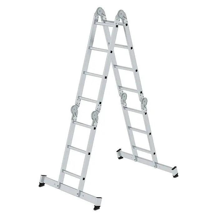 Proregal Mehrzweckleiter 4-teilig - Anzahl Tritte: 6 Stk., Arbeitshöhe: 5.300 mm, Belastbarkeit: 150 kg, Aluminium - Silberfarbene Aluminium-Mehrzweck-Gelenkleiter, in A-Form mit breiten Stabilisierungsfüßen.