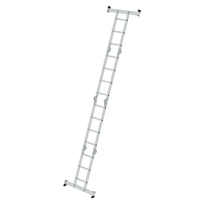 Proregal Mehrzweckleiter 4-teilig - Anzahl Tritte: 6 Stk., Arbeitshöhe: 5.300 mm, Belastbarkeit: 150 kg, Aluminium - Silberne Aluminium-Mehrzweckleiter mit verstellbaren Abschnitten, Rollen und Stabilisierungsfüßen.