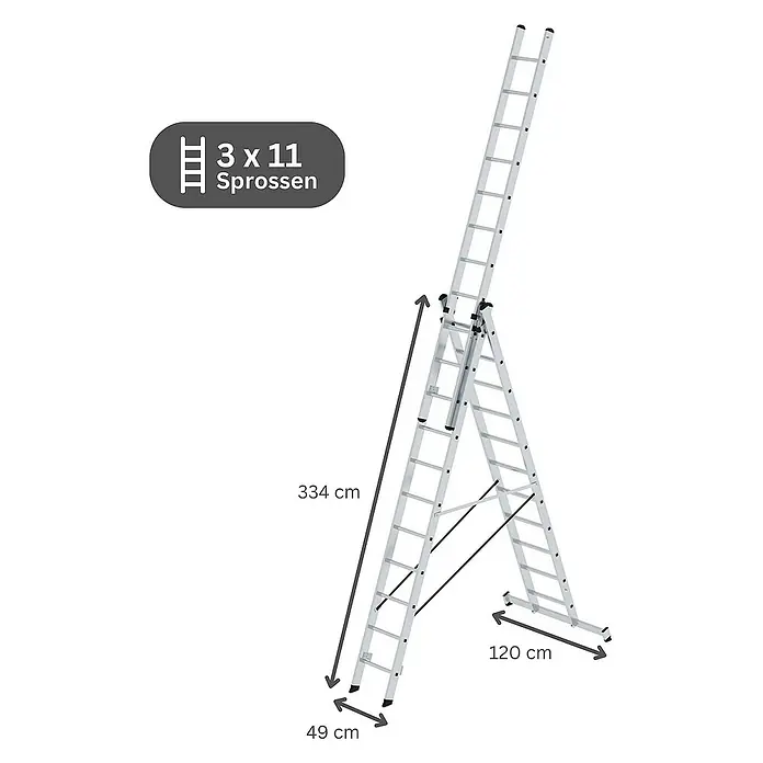 Proregal Mehrzweckleiter 3-teilig - Anzahl Tritte: 33 Stk., Arbeitshöhe: 8.900 mm, Belastbarkeit: 150 kg, Aluminium - Silberne 3-teilige Teleskopleiter (3x11 Sprossen) als Stehleiter, 334cm hoch.