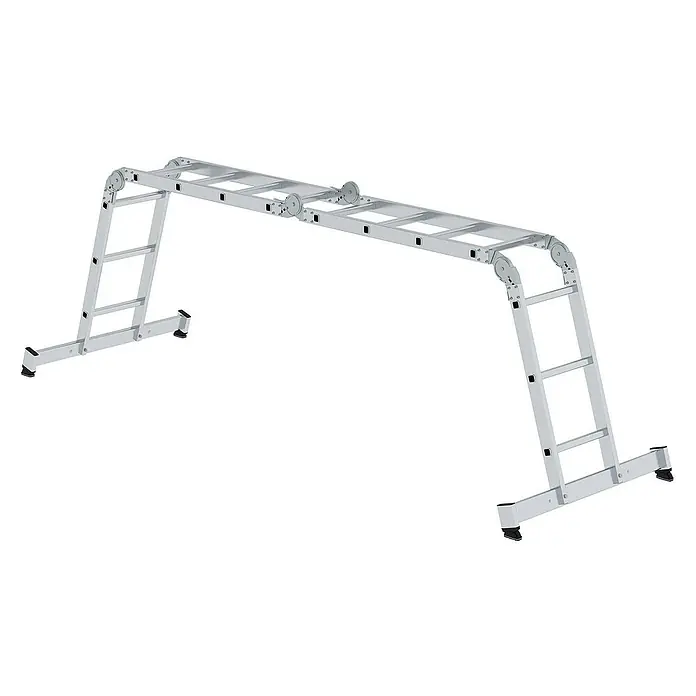 Proregal Mehrzweckleiter 4-teilig - Anzahl Tritte: 6 Stk., Arbeitshöhe: 5.300 mm, Belastbarkeit: 150 kg, Aluminium - Silberne Aluminium-Gelenkleiter, als Arbeitsbühne mit breiten Stabilisatorfüßen konfiguriert.