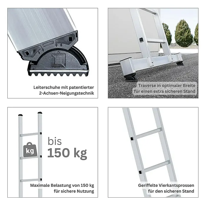 Proregal Mehrzweckleiter 3-teilig - Anzahl Tritte: 33 Stk., Arbeitshöhe: 8.900 mm, Belastbarkeit: 150 kg, Aluminium - Silberne Aluminiumleiter mit patentierten 2-Achsen-Kippfüßen, breiter Traverse, geriffelten Vierkantsprossen und 150 kg Tragfähigkeit.