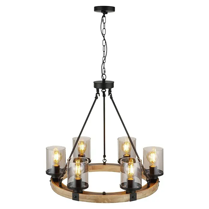 Globo Lámpara colgante Lila - 60 W, E27, Ø x Al: 590 x 980 mm - Lámpara de techo rústica con seis bombillas Edison en cilindros de vidrio y un anillo de madera. Perfecta para comedores.