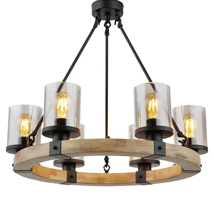Globo Lámpara colgante Lila - 60 W, E27, Ø x Al: 590 x 980 mm - Lámpara colgante llamativa con anillo de madera y cilindros de vidrio transparente, creando una iluminación cálida. Ideal para interiores elegantes.