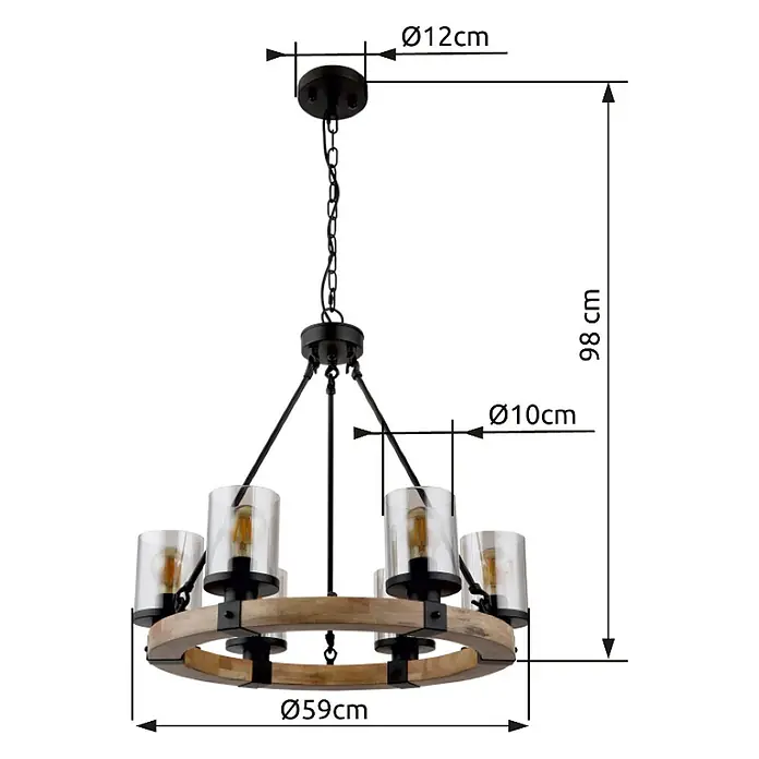 Globo Lámpara colgante Lila - 60 W, E27, Ø x Al: 590 x 980 mm - Vista detallada de la lámpara de araña con dimensiones. El diámetro del anillo es de 59 cm, la altura es de 98 cm, ideal para amantes de la luz.