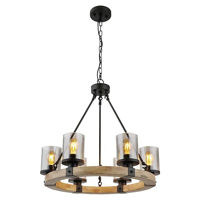 Globo Lámpara colgante Lila - 60 W, E27, Ø x Al: 590 x 980 mm - Lámpara colgante con un diseño rústico que presenta un anillo de madera y múltiples pantallas de vidrio que brindan una iluminación cálida.