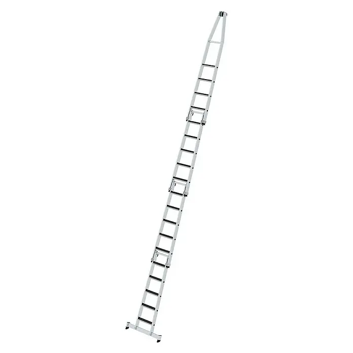Proregal Anlegeleiter Glasreinigerleiter mit nivello®-Traverse - Arbeitshöhe: 7.000 mm, Belastbarkeit: 120 kg, Aluminium - Silberfarbene Aluminium-Ausziehleiter mit schwarzen Sprossen und breiter Fußstabilisierung, für verstellbare Höhen.