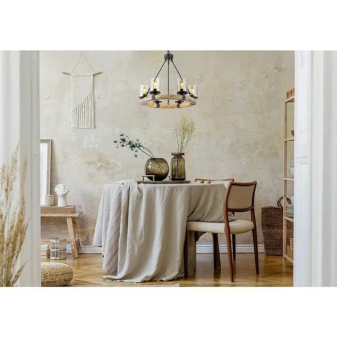 Globo Lámpara colgante Lila - 60 W, E27, Ø x Al: 590 x 980 mm - Lámpara colgante rústica con anillo de madera y seis lámparas de vidrio transparente. Ideal para comedor o sala de estar.