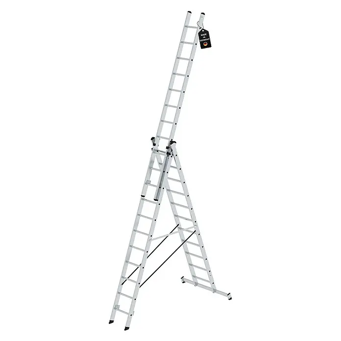Proregal Mehrzweckleiter 3-teilig - Anzahl Tritte: 33 Stk., Arbeitshöhe: 8.900 mm, Belastbarkeit: 150 kg, Aluminium - Silberne Aluminium-Mehrzweckleiter, als Stehleiter mit verlängertem Abschnitt aufgestellt.