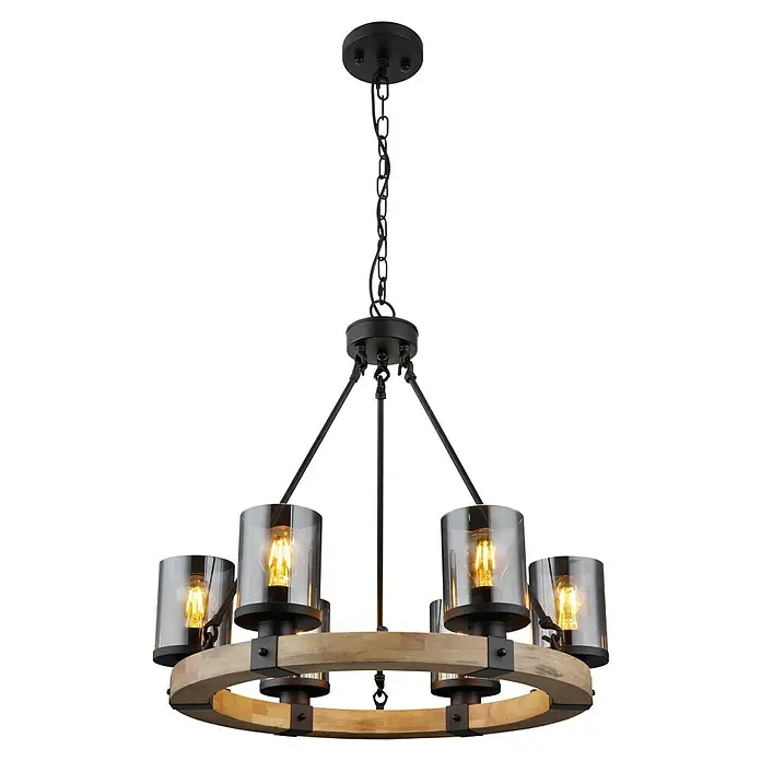 Globo Lámpara colgante Lila - 60 W, E27, Ø x Al: 590 x 980 mm - Primer plano de una lámpara rústica con un anillo de madera, rodeada de luces con cilindros de vidrio que emanan una luz cálida.