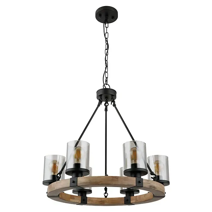 Globo Lámpara colgante Lila - 60 W, E27, Ø x Al: 590 x 980 mm - Primer plano de una lámpara de araña rústica con anillo de madera y pantallas de vidrio transparente, ideal para un ambiente elegante.