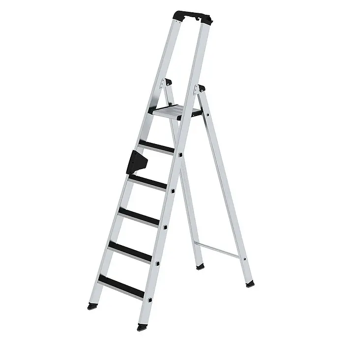 Proregal Stehleiter einseitig begehbar - Anzahl Tritte: 6 Stk., Arbeitshöhe: 3.400 mm, Belastbarkeit: 150 kg, Aluminium - Silberne Aluminium-Klappleiter mit schwarzen Anti-Rutsch-Stufen und Plattform, für sicheres und stabiles Arbeiten.