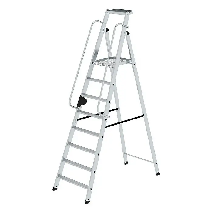 Proregal Stehleiter mit 8 Stufen - Anzahl Tritte: 8 Stk., Belastbarkeit: 150 kg, Aluminium - Silberne Aluminium-Plattformleiter mit rutschfesten Stufen und Handläufen.