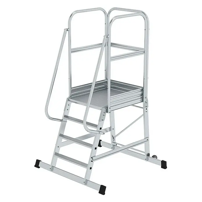 Proregal Stehleiter Plattformleiter mit Rollen - Anzahl Tritte: 4 Stk., Arbeitshöhe: 2.950 mm, Belastbarkeit: 150 kg, Aluminium - Silberfarbene, fahrbare Sicherheits-Arbeitsplattform aus Aluminium mit Stufen, Plattform, Handläufen und Rollen.