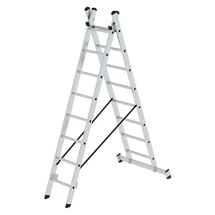 Proregal Mehrzweckleiter 2-teilig - Anzahl Tritte: 16 Stk., Arbeitshöhe: 5.300 mm, Belastbarkeit: 150 kg, Aluminium - Silberne Aluminium-Mehrzweckleiter in A-Position mit schwarzen Sicherheitsgurten und Füßen.