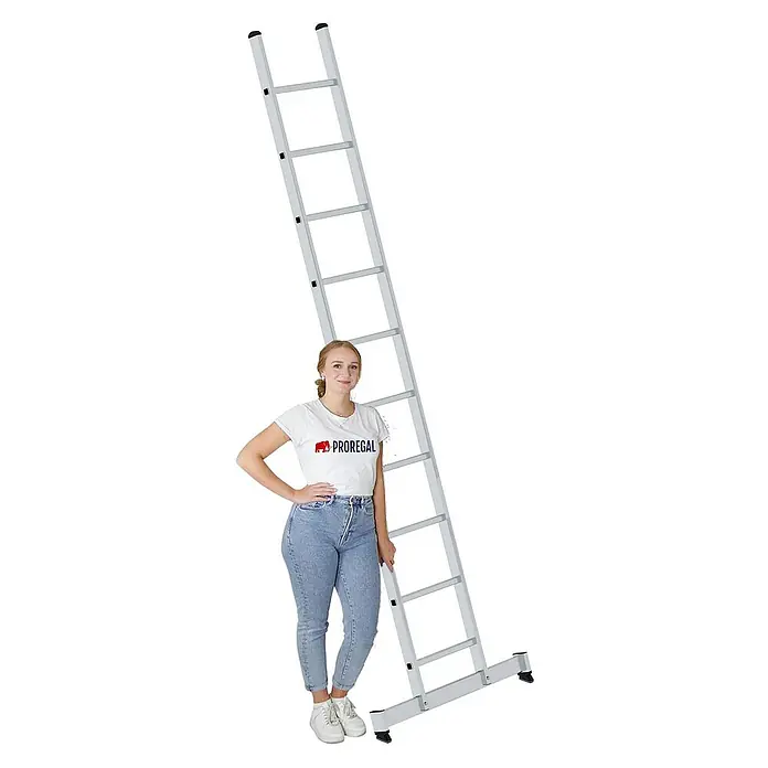 Proregal Anlegeleiter mit nivello®-Traverse - Anzahl Tritte: 10 Stk., Arbeitshöhe: 4.100 mm, Belastbarkeit: 150 kg, Aluminium