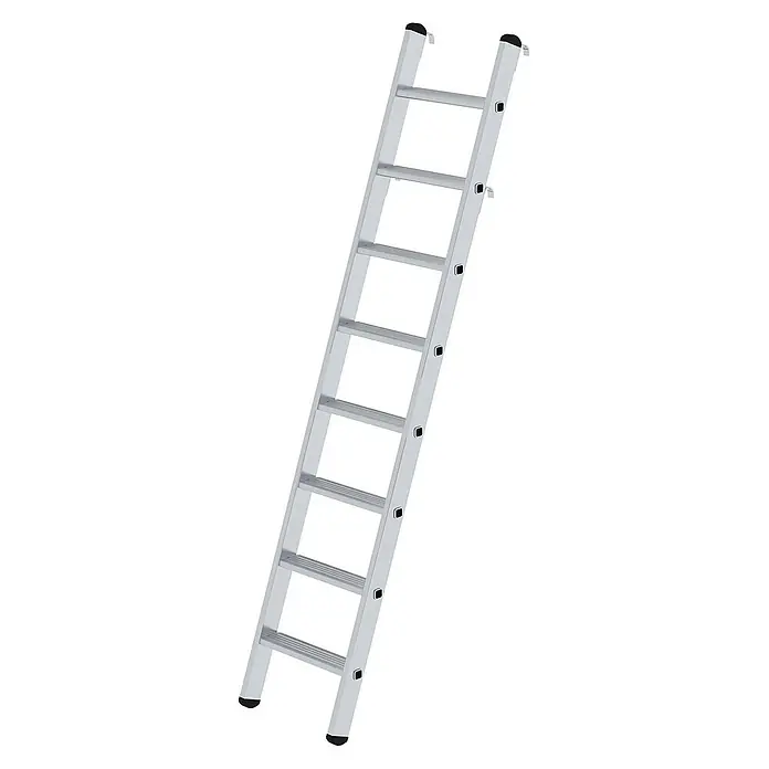 Proregal Anlegeleiter Regalleiter einhängbar - Anzahl Tritte: 10 Stk., Arbeitshöhe: 3.800 mm, Belastbarkeit: 150 kg, Aluminium - Silberne Aluminium-Ausziehleiter mit rutschfesten Sprossen und schwarzen Kappen.