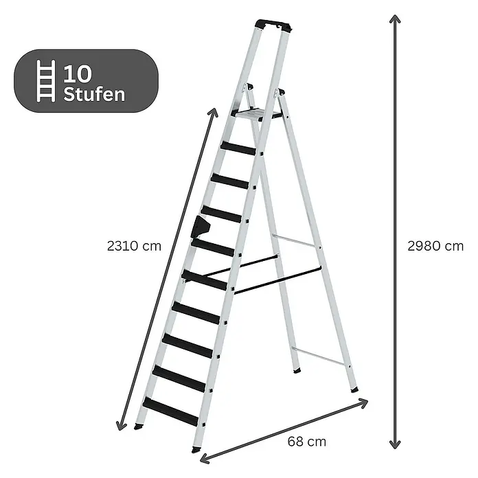 Proregal Stehleiter einseitig begehbar - Anzahl Tritte: 10 Stk., Arbeitshöhe: 4.350 mm, Belastbarkeit: 150 kg, Aluminium - Silberne Aluminium-Klappleiter mit 10 schwarzen Stufen, 2980 cm hoch und 68 cm breit.