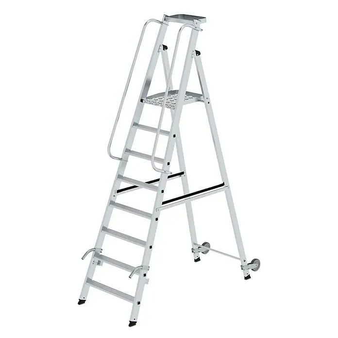 Proregal Stehleiter mit Rollen und Griff - Anzahl Tritte: 8 Stk., Belastbarkeit: 150 kg, Aluminium - Mobile Aluminium-Arbeitsplattform mit Handläufen, breiten Stufen und Rollen.
