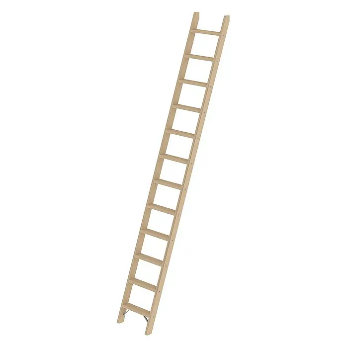 Proregal Anlegeleiter mit 12 Stufen - Anzahl Tritte: 12 Stk., Arbeitshöhe: 4.060 mm, Belastbarkeit: 150 kg, Holz - Helle Holzleiter mit mehreren Sprossen, schräg gestellt, mit Metallbeschlägen am unteren Ende.