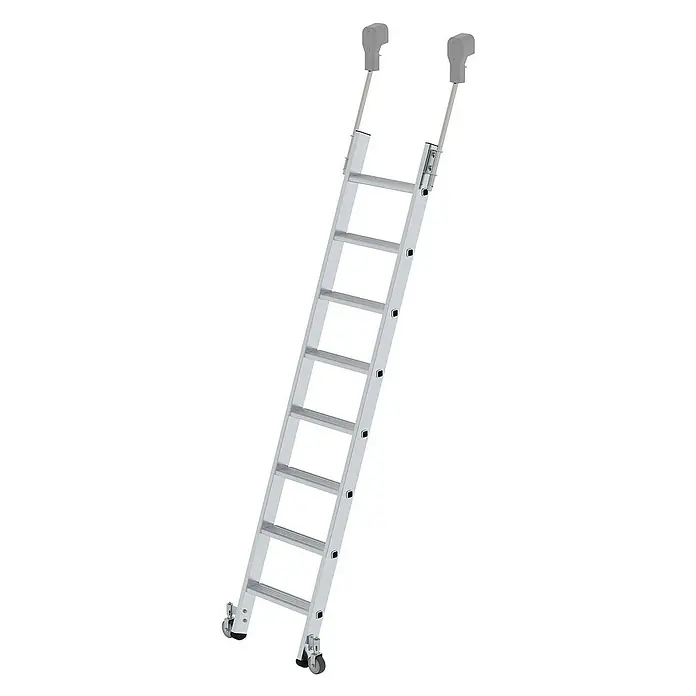 Proregal Anlegeleiter Regalleiter fahrbar - Anzahl Tritte: 8 Stk., Arbeitshöhe: 3.300 mm, Belastbarkeit: 150 kg, Aluminium - Silberne Aluminium-Anlegeleiter mit Rollen an der Basis und oberen Stützhaken.