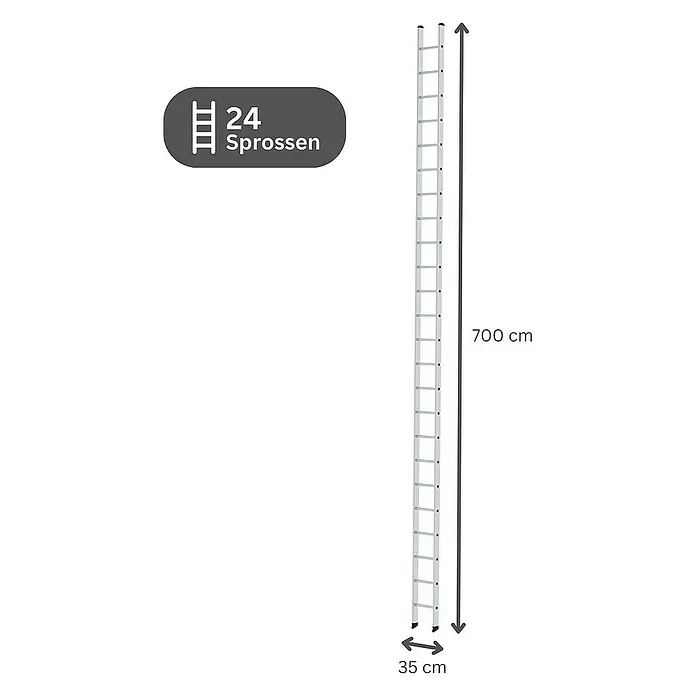 Proregal Anlegeleiter mit 24 Sprossen - Anzahl Tritte: 24 Stk., Arbeitshöhe: 7.400 mm, Belastbarkeit: 150 kg, Aluminium