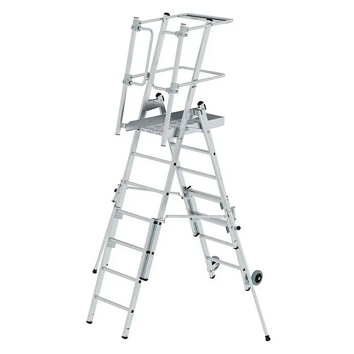 Proregal Stehleiter Plattformleiter Flexstep - Anzahl Tritte: 5 Stk., Belastbarkeit: 150 kg, Aluminium - Silberne Aluminium-Mehrzweckleiter mit Plattform, Geländer und Rädern, für flexible Arbeitshöhen.