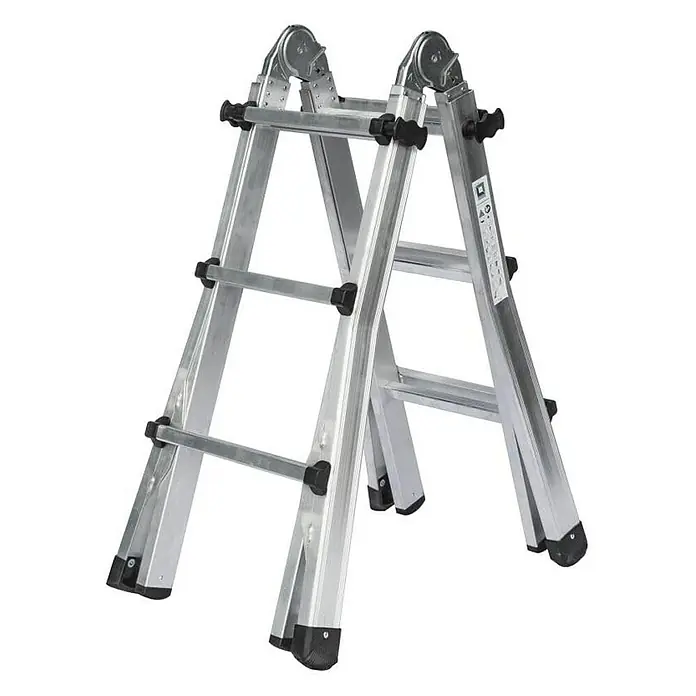 Proregal Teleskopleiter 4-teilig - Anzahl Tritte: 20 Stk., Arbeitshöhe: 6.400 mm, Belastbarkeit: 150 kg, Aluminium - Silberne Aluminium-Mehrzweckleiter mit schwarzen Kunststoffscharnieren und Füßen, in A-Form.