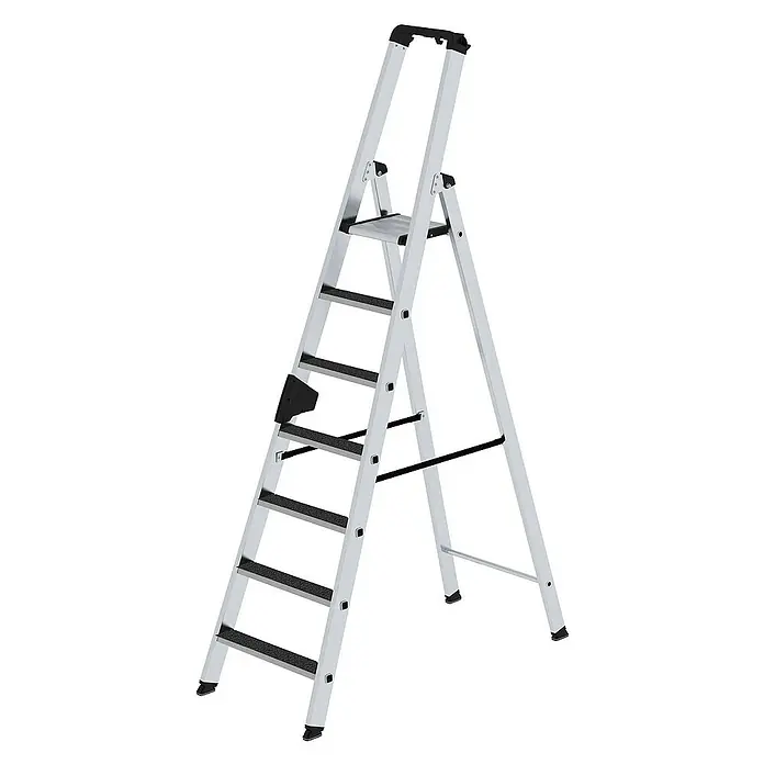 Proregal Stehleiter einseitig begehbar - Anzahl Tritte: 7 Stk., Arbeitshöhe: 3.700 mm, Belastbarkeit: 150 kg, Aluminium - Klappbare silberne Aluminium-Haushaltsleiter mit 5 schwarzen Anti-Rutsch-Stufen und Handgriff.