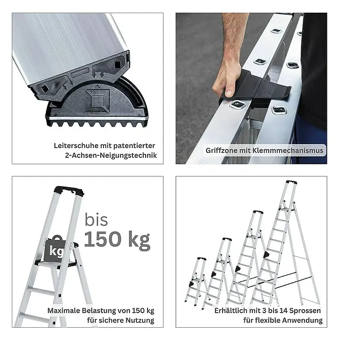 Proregal Stehleiter einseitig begehbar - Anzahl Tritte: 4 Stk., Arbeitshöhe: 2.950 mm, Belastbarkeit: 150 kg, Aluminium - Silberne Aluminiumleiter: patentierte 2-Achsen-Neigungsfüße, Klemm-Griffzone, 150 kg Tragkraft, Größen 3-14 Sprossen.
