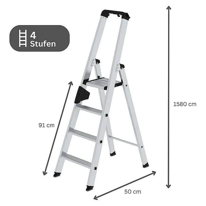 Proregal Stehleiter einseitig begehbar - Anzahl Tritte: 4 Stk., Arbeitshöhe: 2.950 mm, Belastbarkeit: 150 kg, Aluminium - Silberne Aluminium-Klapptrittleiter mit 4 Stufen, mit Maßen von 91 cm Plattformhöhe und 50 cm Basisbreite.