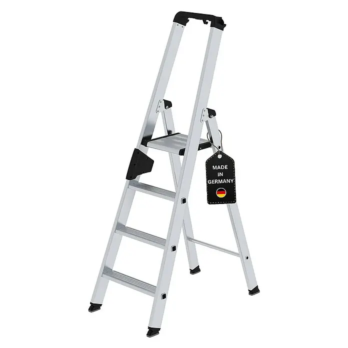 Proregal Stehleiter einseitig begehbar - Anzahl Tritte: 4 Stk., Arbeitshöhe: 2.950 mm, Belastbarkeit: 150 kg, Aluminium - Klappbare Aluminiumleiter in Silber mit schwarzen Akzenten und „Made in Germany“-Etikett.