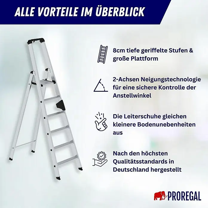 Proregal Stehleiter einseitig begehbar - Anzahl Tritte: 4 Stk., Arbeitshöhe: 2.950 mm, Belastbarkeit: 150 kg, Aluminium - Silberne Klappstufenleiter mit breiten Stufen und integrierten Sicherheitsfunktionen für Stabilität.