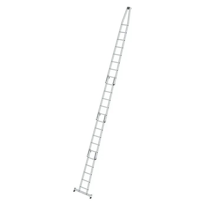Proregal Anlegeleiter Glasreinigerleiter mit nivello®-Traverse - Arbeitshöhe: 8.200 mm, Belastbarkeit: 120 kg, Aluminium - Lange silberne Aluminium-Schiebeleiter mit mehreren verstellbaren Abschnitten für verschiedene Höhen.