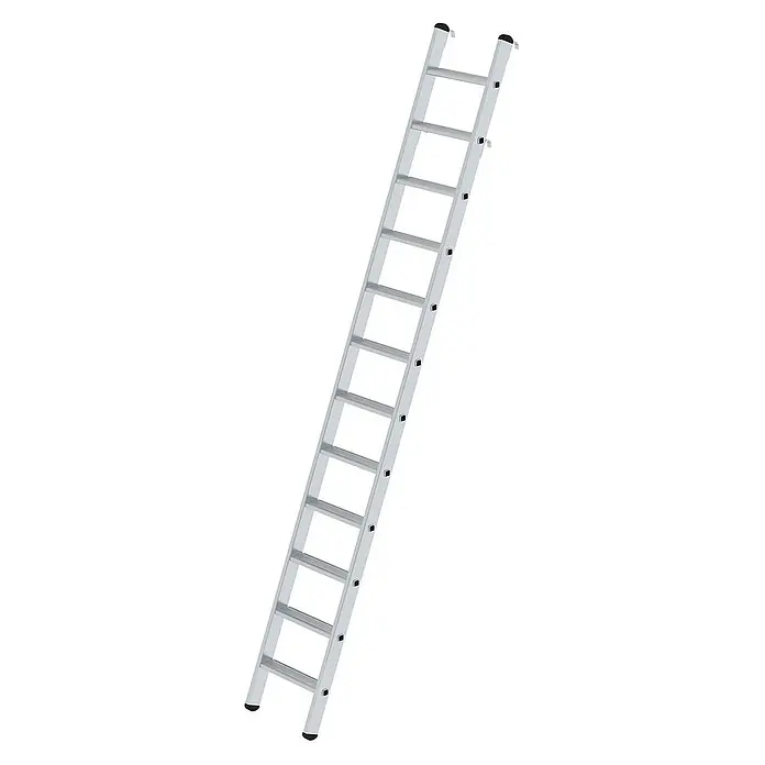 Proregal Anlegeleiter Regalleiter einhängbar - Anzahl Tritte: 14 Stk., Arbeitshöhe: 4.800 mm, Belastbarkeit: 150 kg, Aluminium - Silberne Aluminium-Ausziehleiter mit schwarzen Endkappen.