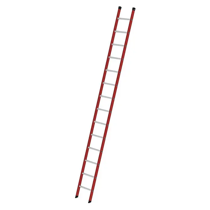 Proregal Anlegeleiter mit 14 Sprossen - Anzahl Tritte: 14 Stk., Arbeitshöhe: 5.300 mm, Belastbarkeit: 150 kg, Aluminium - Lange rote und silberne Anlegeleiter mit schwarzen Anti-Rutsch-Kappen.