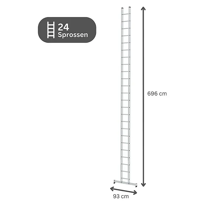 Proregal Anlegeleiter mit nivello®-Traverse - Anzahl Tritte: 24 Stk., Arbeitshöhe: 8.100 mm, Belastbarkeit: 150 kg, Aluminium - Silberne Aluminiumleiter mit 24 Sprossen, 696 cm hoch und 93 cm breiter Basis.