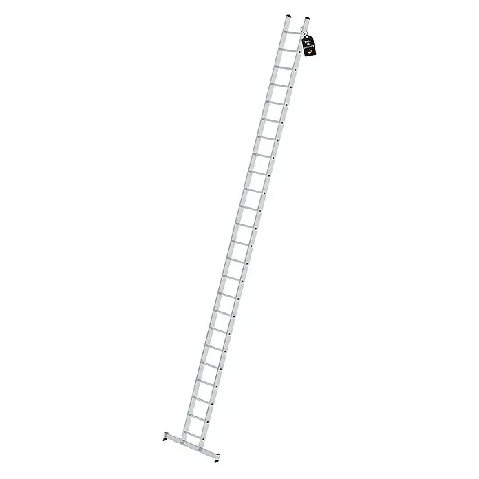 Proregal Anlegeleiter mit nivello®-Traverse - Anzahl Tritte: 24 Stk., Arbeitshöhe: 8.100 mm, Belastbarkeit: 150 kg, Aluminium - Lange silberne Aluminiumleiter mit vielen Sprossen, breitem Fußstabilisator und 'Made in Germany'-Etikett.