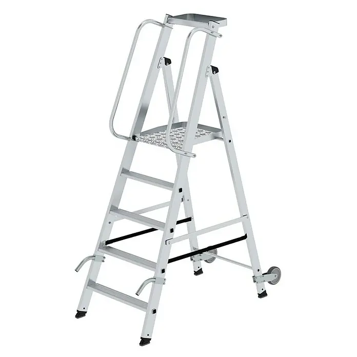 Proregal Stehleiter mit Rollen und Griff - Anzahl Tritte: 5 Stk., Belastbarkeit: 150 kg, Aluminium - Silberne Aluminium-Podestleiter mit Handläufen und Hinterrädern für einfache Mobilität.