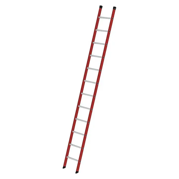 Proregal Anlegeleiter mit 12 Sprossen - Anzahl Tritte: 12 Stk., Arbeitshöhe: 4.700 mm, Belastbarkeit: 150 kg, Aluminium - Gerade Leiter mit roten Holmen, silbernen Sprossen und schwarzen Schutzkappen.