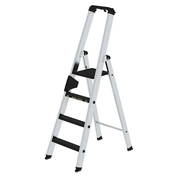 Proregal Stehleiter mit 5 Stufen - Anzahl Tritte: 5 Stk., Arbeitshöhe: 3.150 mm, Belastbarkeit: 250 kg, Aluminium - Silberne Aluminium-Stehleiter mit schwarzen Anti-Rutsch-Stufen und Plattform, Tragkraft 250 kg.