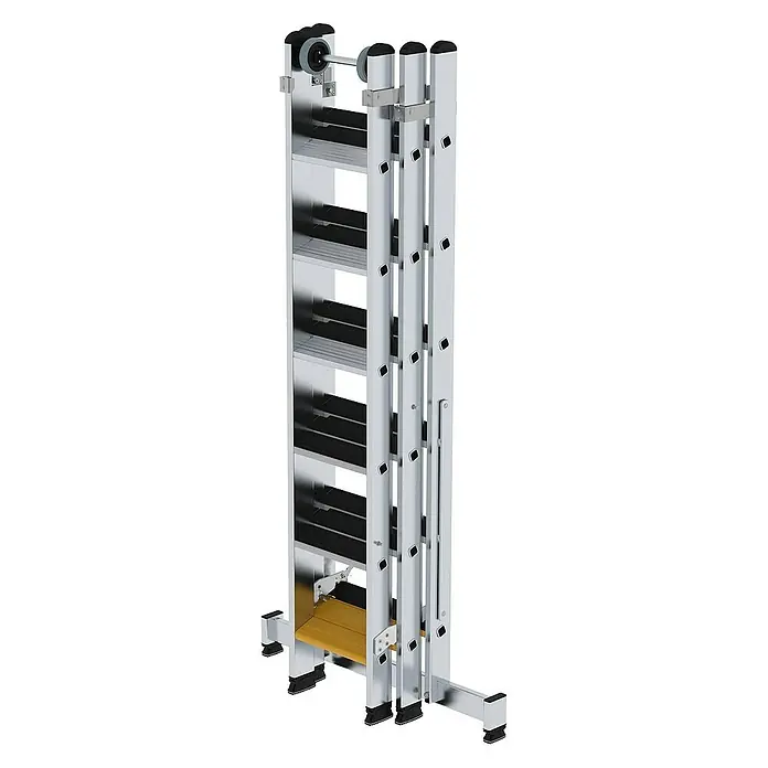 Proregal Mehrzweckleiter 3-teilig - Anzahl Tritte: 18 Stk., Arbeitshöhe: 5.200 mm, Belastbarkeit: 150 kg, Aluminium - Silberfarbene Aluminium-Mehrzweckleiter mit breiten schwarzen Stufen, robusten Füßen und oberen Rollen für vielfältige Aufgaben.