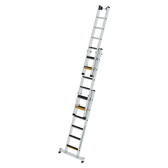 Proregal Mehrzweckleiter 3-teilig - Anzahl Tritte: 18 Stk., Arbeitshöhe: 5.200 mm, Belastbarkeit: 150 kg, Aluminium - Silberne Aluminium-Ausziehleiter mit schwarzen Sprossen und Rollen für höhenverstellbare Arbeiten.