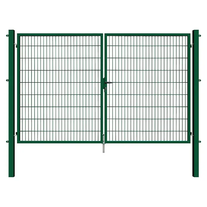FA-Bausysteme Zauntor Basic - 3 x 1,8 m, Stahl, Moosgrün, 2-Flügel - Doppeltor mit einem grünen Metallrahmen und einem Gitter aus horizontalen und vertikalen Stäben für Sicherheit und Schutz.