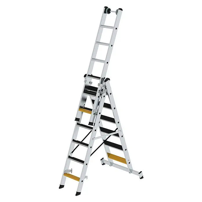 Proregal Mehrzweckleiter 3-teilig - Anzahl Tritte: 18 Stk., Arbeitshöhe: 5.200 mm, Belastbarkeit: 150 kg, Aluminium - Silberne Aluminium-Mehrzweckleiter in A-Form mit ausgefahrenem Teil, schwarzen Anti-Rutsch-Stufen, gelben Akzenten, Rollen und Stabilisatoren.