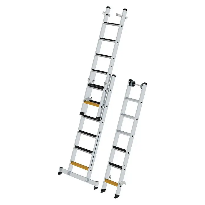 Proregal Mehrzweckleiter 3-teilig - Anzahl Tritte: 18 Stk., Arbeitshöhe: 5.200 mm, Belastbarkeit: 150 kg, Aluminium - Zwei silberne Aluminiumleitern, eine Ausziehleiter mit gelben Stufen und breitem Standfuß, die andere ein kürzeres Teil mit Rollenaufsatz.