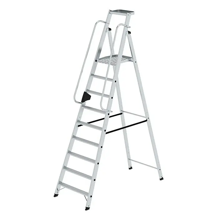 Proregal Stehleiter mit 9 Stufen - Anzahl Tritte: 9 Stk., Belastbarkeit: 150 kg, Aluminium - Silberne Aluminium-Arbeitsplattformleiter mit Handläufen.