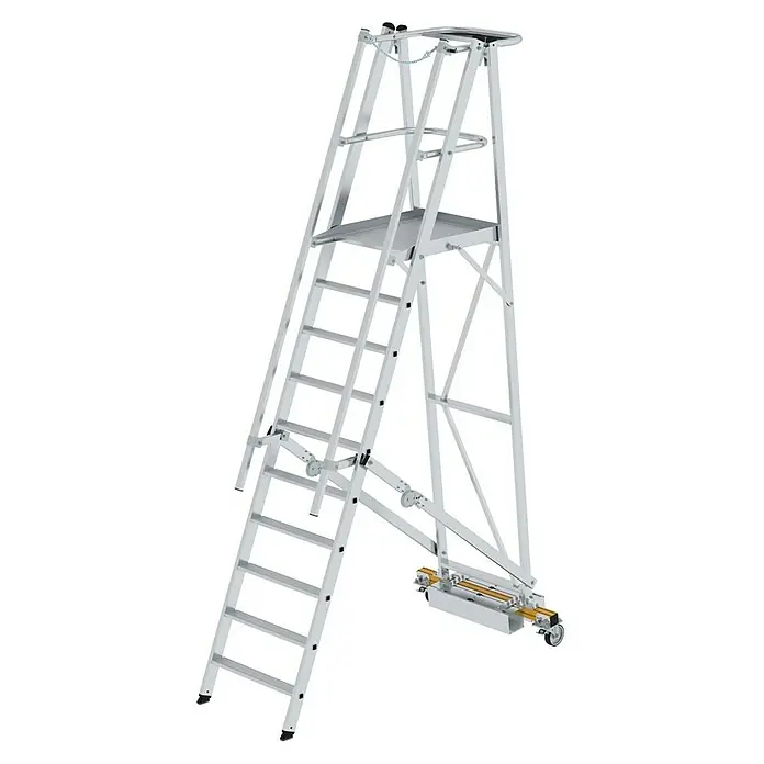Proregal Stehleiter Plattformleiter klappbar mit schmalem Fahrwerk - Anzahl Tritte: 10 Stk., Arbeitshöhe: 4.300 mm, Belastbarkeit: 150 kg, Aluminium - Silberne Aluminium-Mehrzweckleiter mit Arbeitsplattform und Fahrgestell.