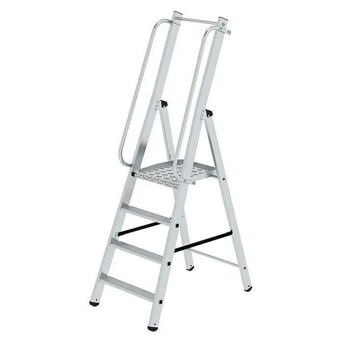 Proregal Stehleiter mit 4 Stufen - Anzahl Tritte: 4 Stk., Arbeitshöhe: 2.900 mm, Belastbarkeit: 150 kg, Aluminium - Eine Aluminium-Trittleiter mit rutschfester Plattform und hohen Handläufen für sicheren Zugang.