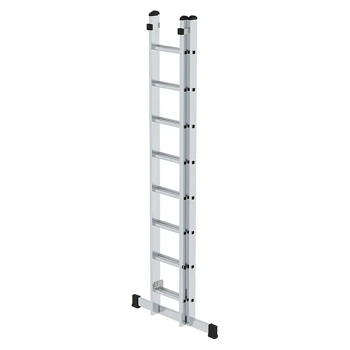Proregal Schiebeleiter 2-teilig - Anzahl Tritte: 16 Stk., Arbeitshöhe: 5.200 mm, Belastbarkeit: 150 kg, Aluminium - Silberne Aluminium-Ausziehleiter mit schwarzen Endkappen und stabilisierender Querstrebe.