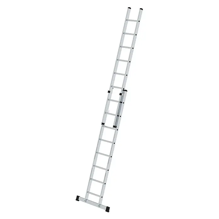 Proregal Schiebeleiter 2-teilig - Anzahl Tritte: 16 Stk., Arbeitshöhe: 5.200 mm, Belastbarkeit: 150 kg, Aluminium - Ausziehbare Aluminiumleiter in Silber mit schwarzen Anti-Rutsch-Füßen und Kappen.